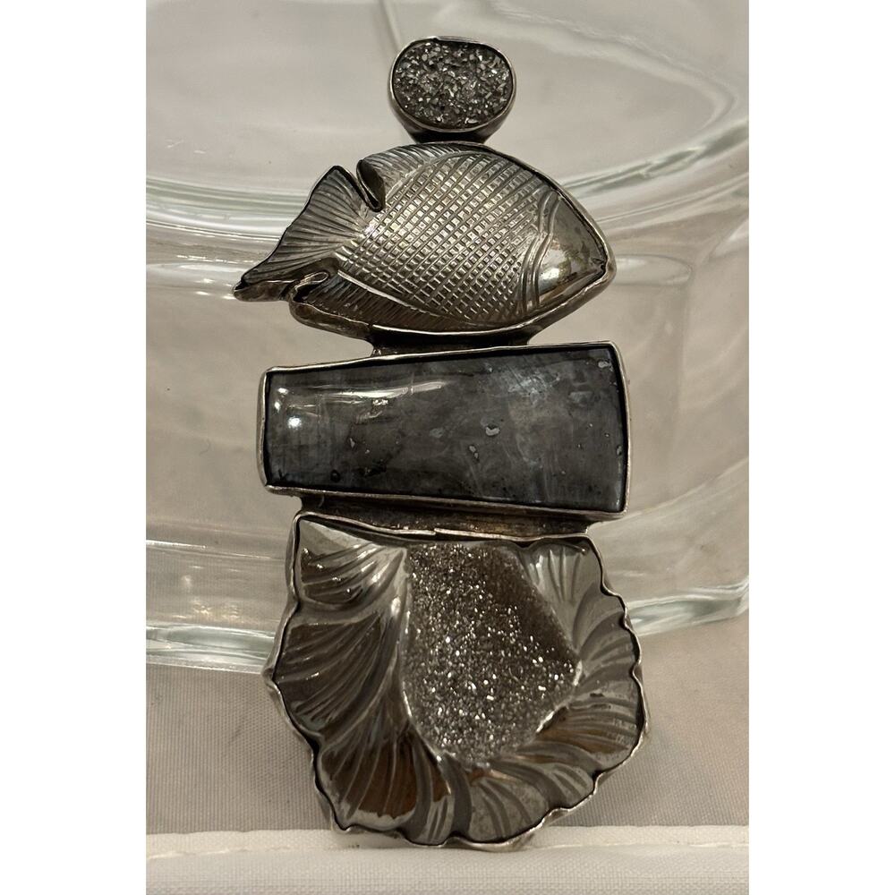 Amy Kahn Russell 925 Carved Titanium Fish/Labradorite/Drusy Quartz Pin/Pendant